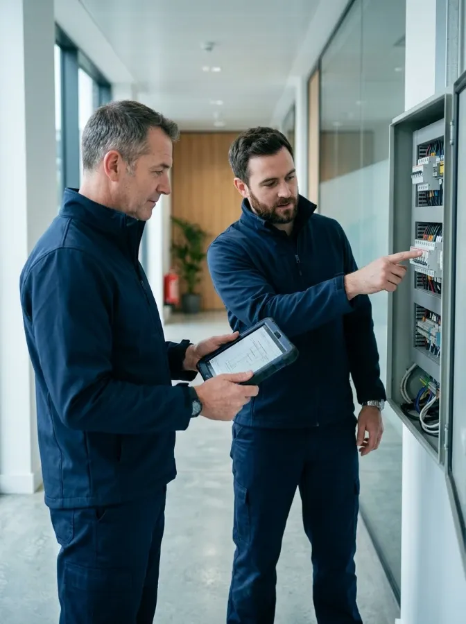 Two maintenance engineers reviewing a job together on a commercial site