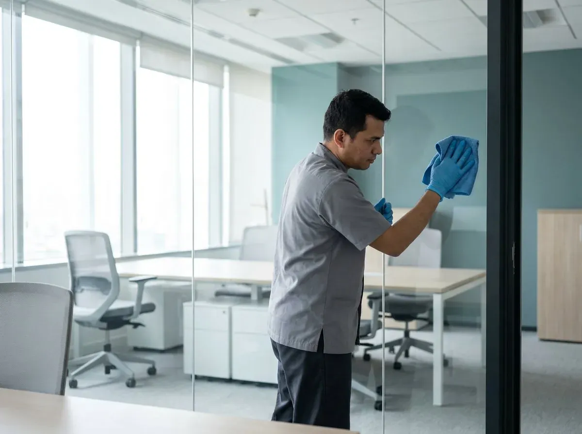 A commercial cleaner wiping down a glass office partition