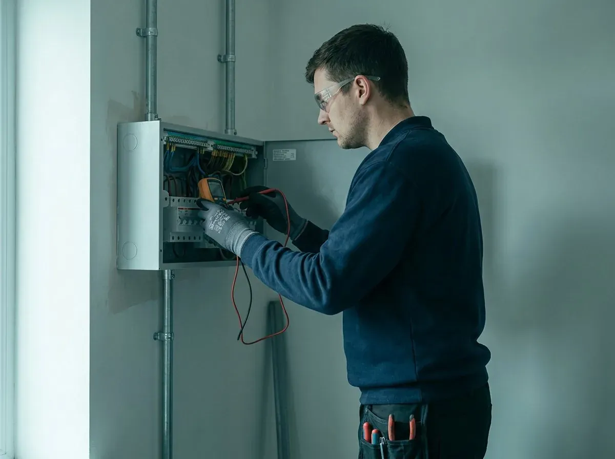 An electrician testing a consumer unit with a multimeter