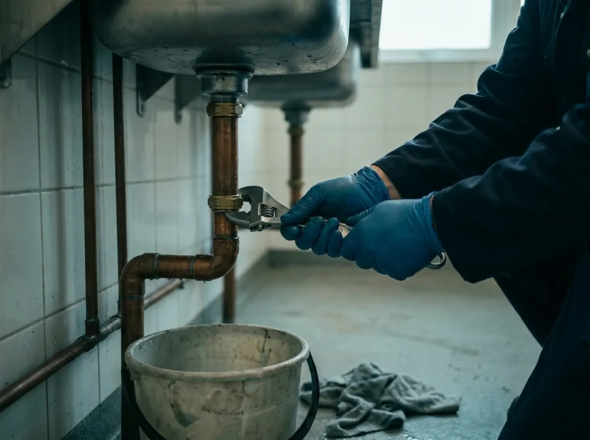 A plumber repairing a leak under a sink