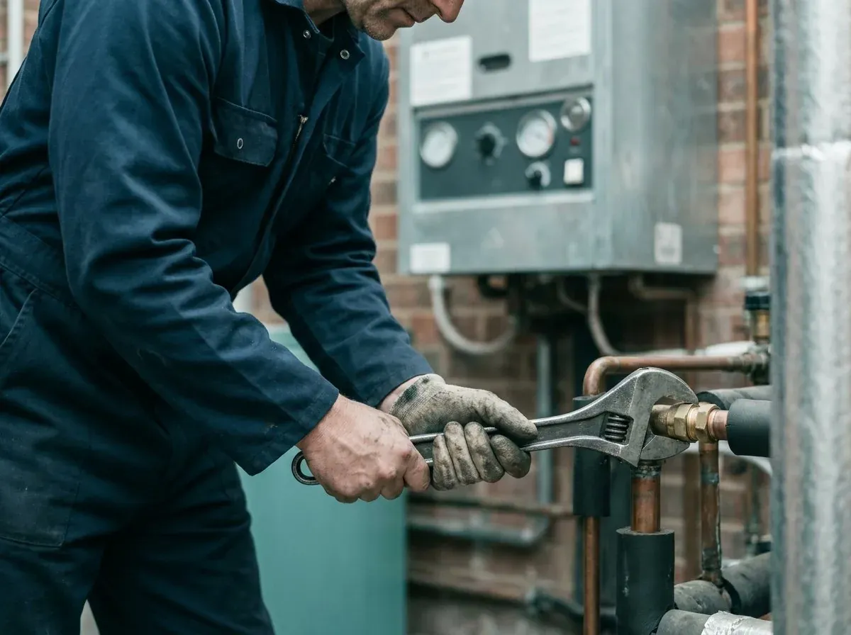 A plumber servicing pipework beside a wall-mounted boiler