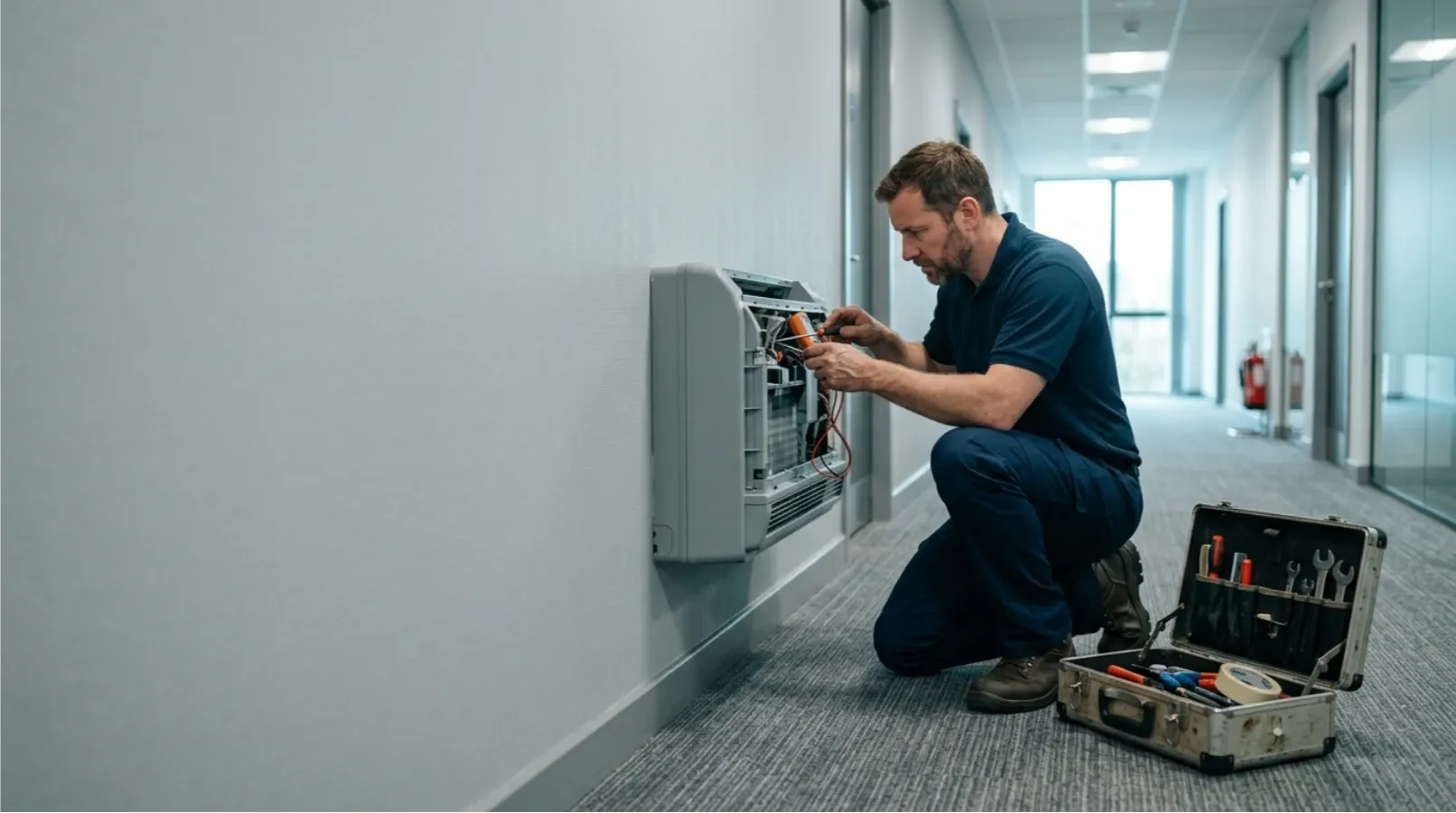 A maintenance technician responding to an equipment fault beside an open toolbox