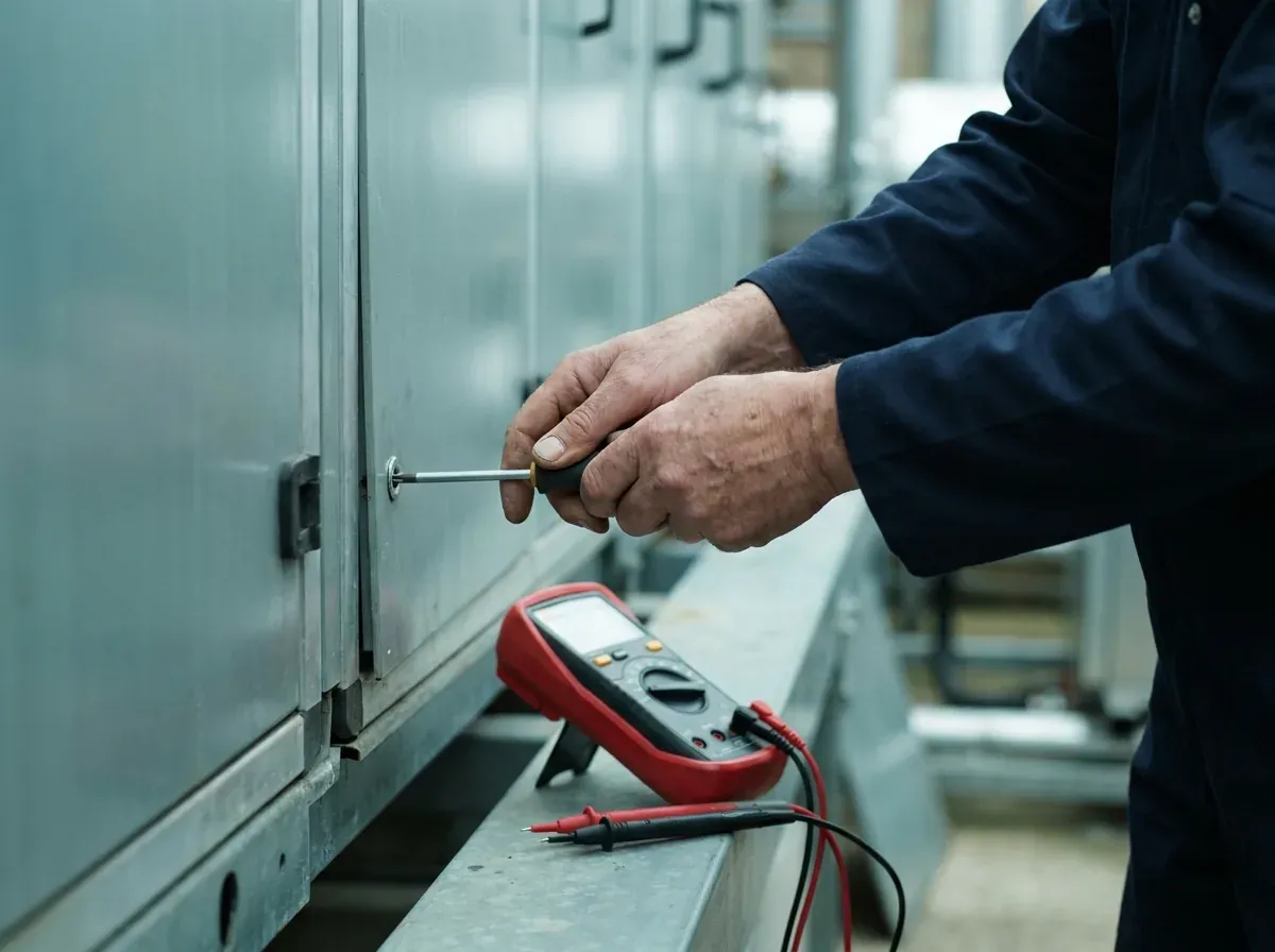 A technician repairing failed building equipment with a screwdriver and multimeter